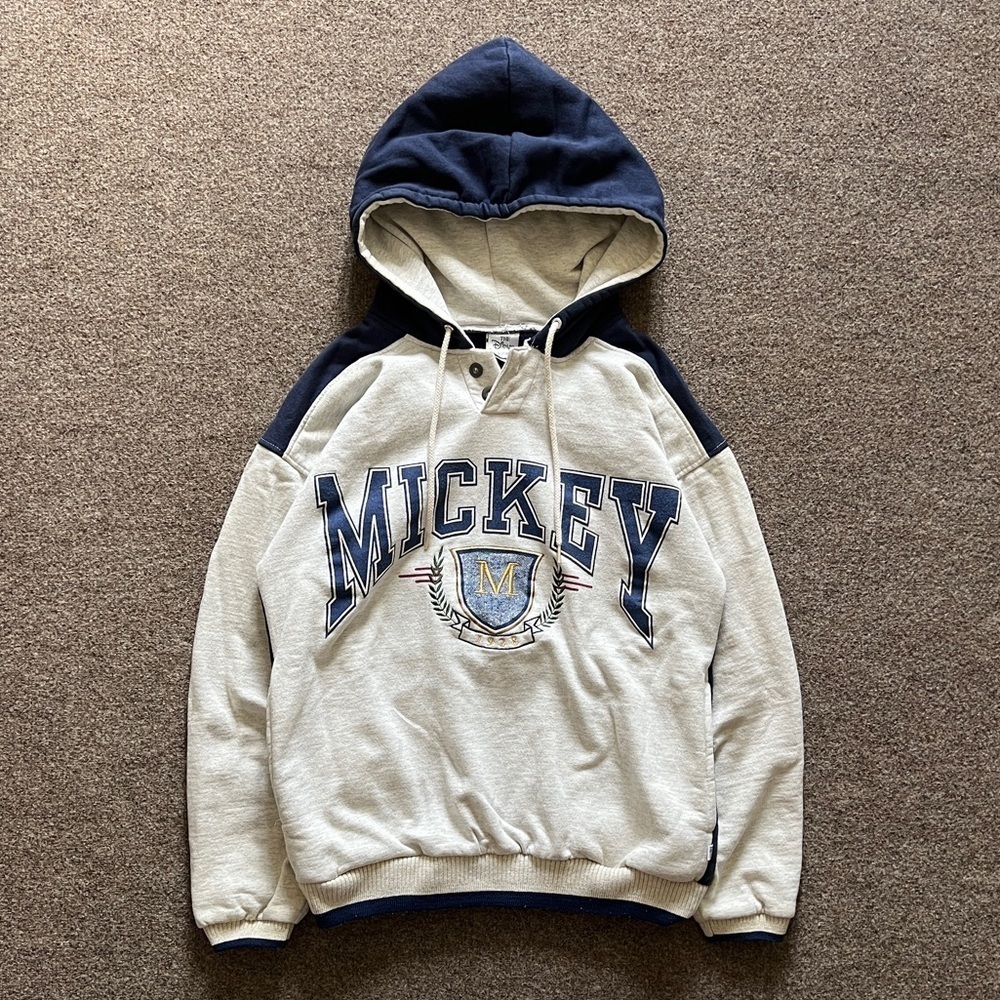 VTG Disney‎ Retro Mickey Varsity University Colorblock Hooded Sweatshirt Size M